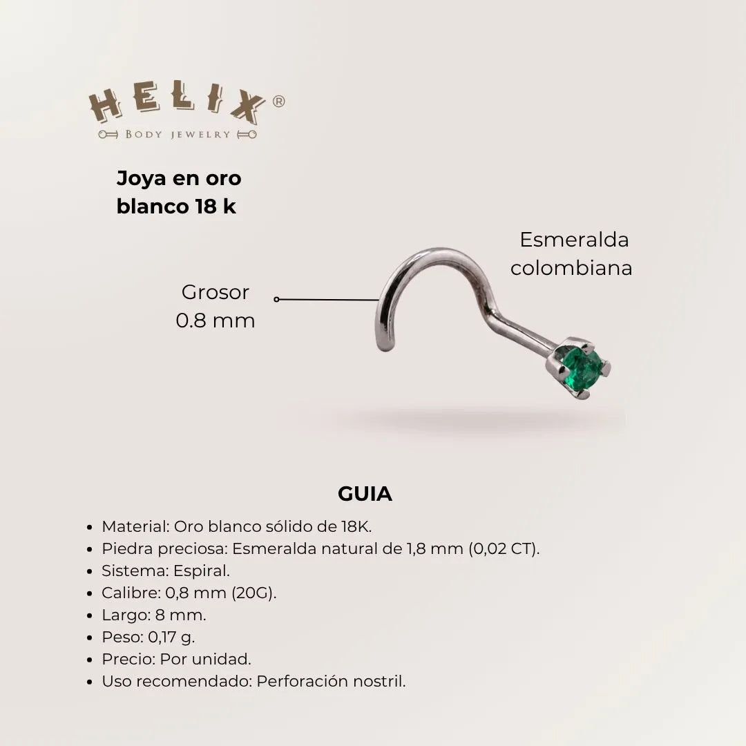 18K White Gold Spiral Nostril with Natural Emerald