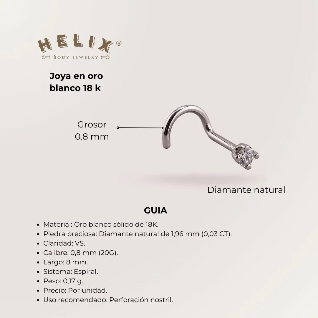 Nostril Espiral en Oro Blanco 18K con Diamante Natural