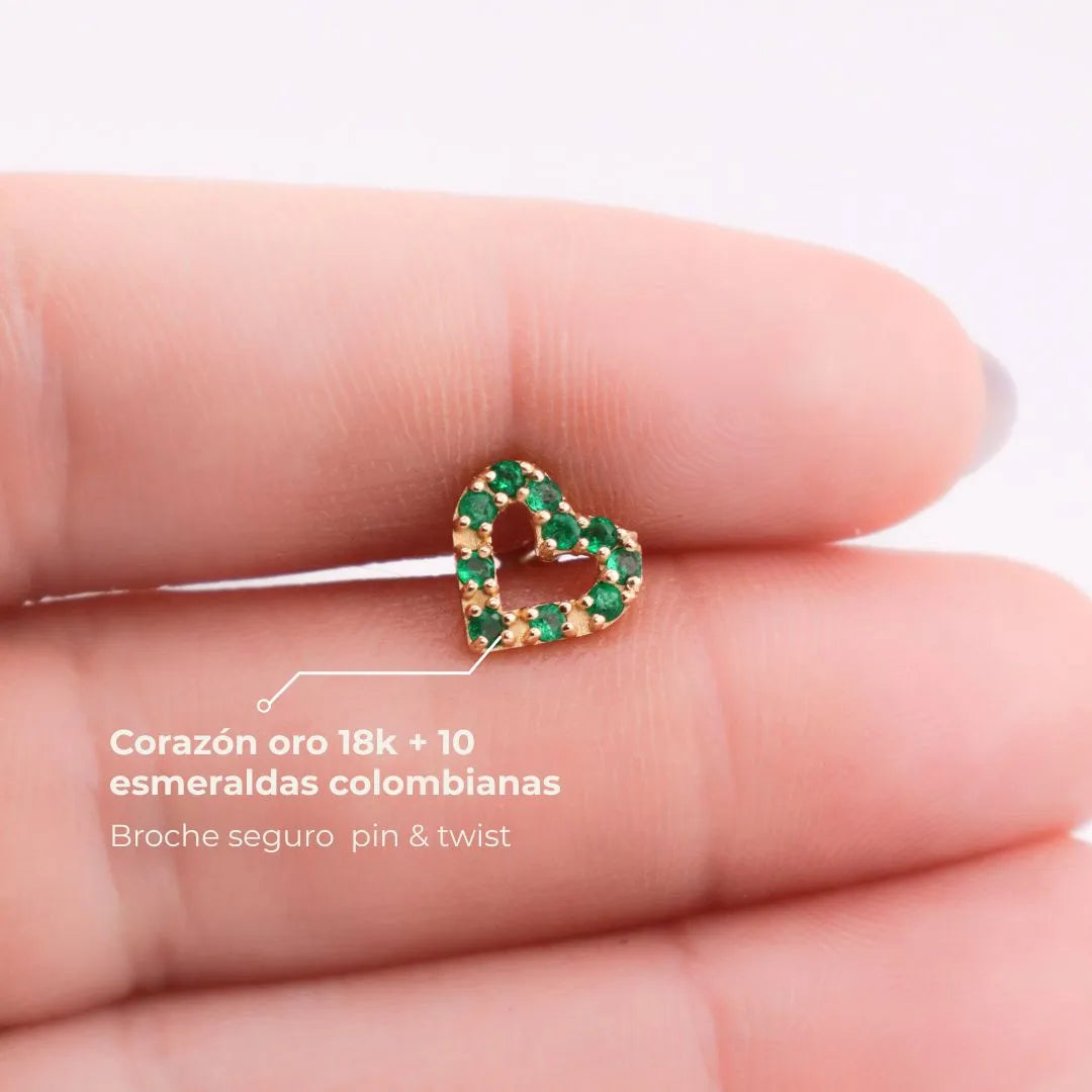 Labret Corazón con Esmeraldas Colombianas en Oro 18K