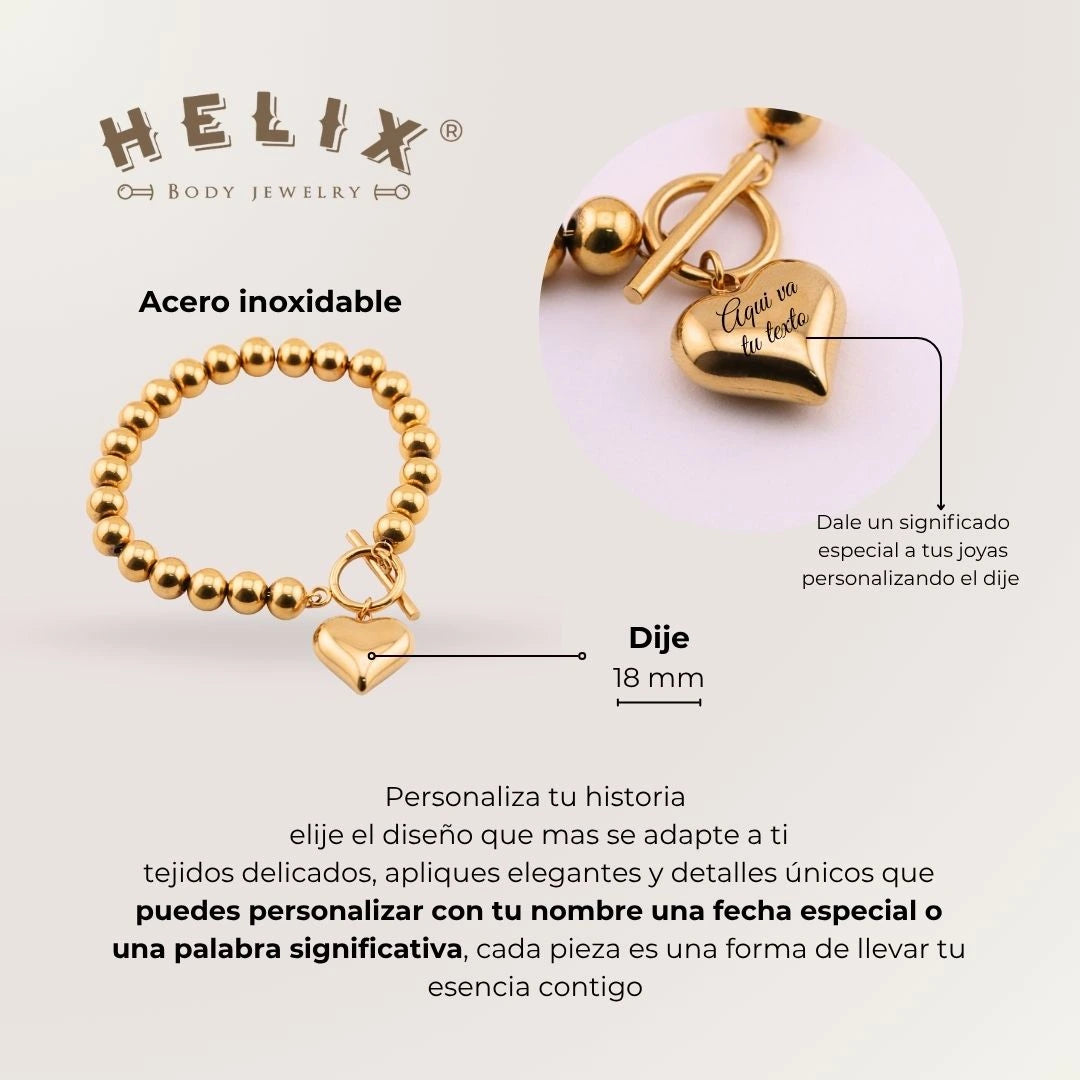 Pulsera Personalizada en Acero Inoxidable Dorado con Corazón