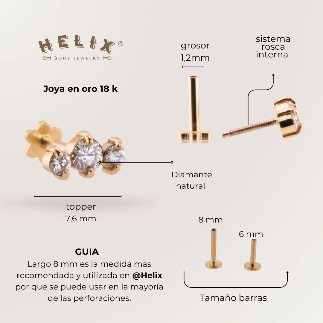 Labret Triple Diamante en Oro Sólido 18K