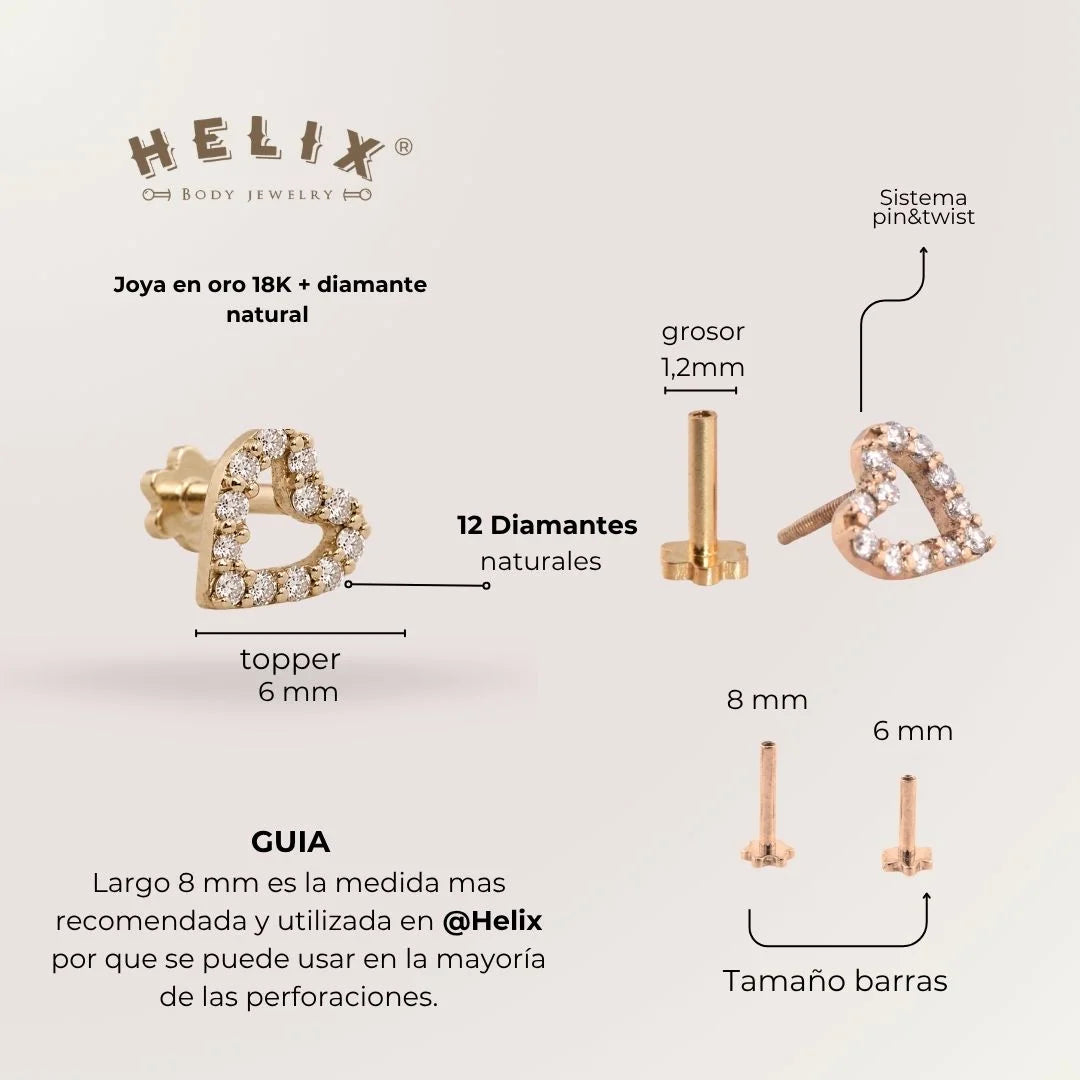 Labret Corazón con Diamantes Oro 18K