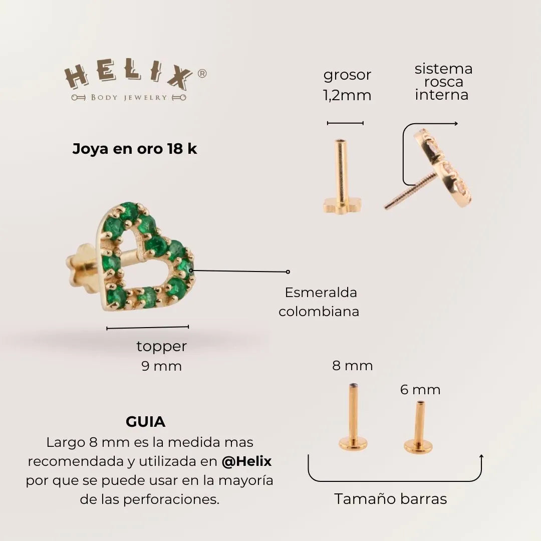 Labret Corazón con Esmeraldas Colombianas en Oro 18K