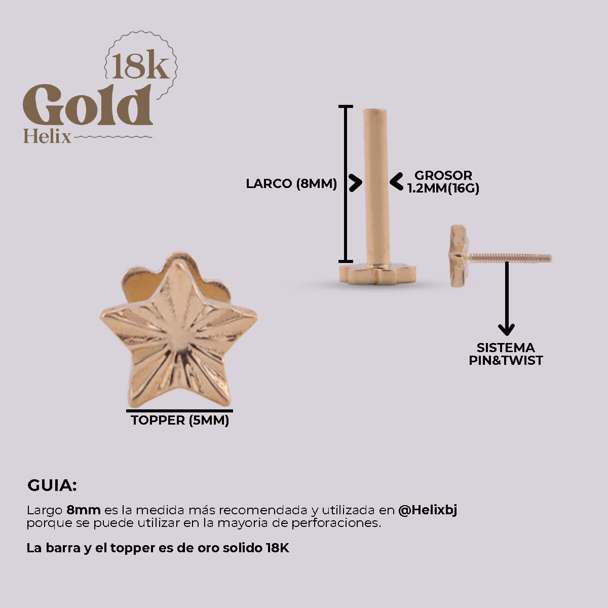Labret Estrella en Oro 18K con Sistema Pin & Twist