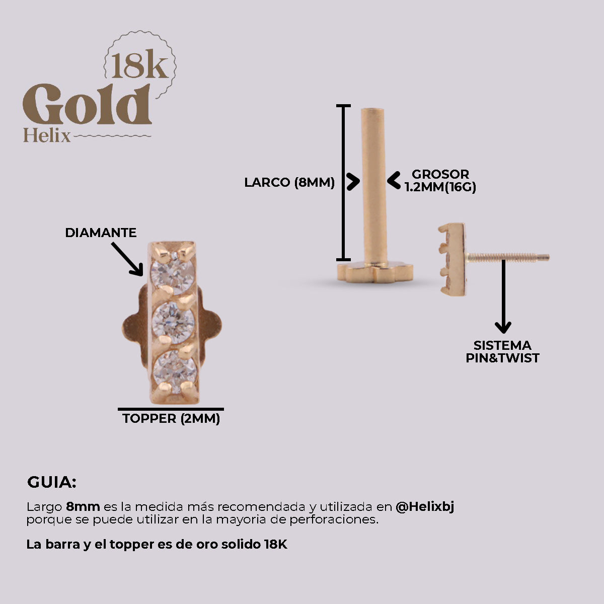 Labret Rectangular en Oro 18K con Diamantes Naturales