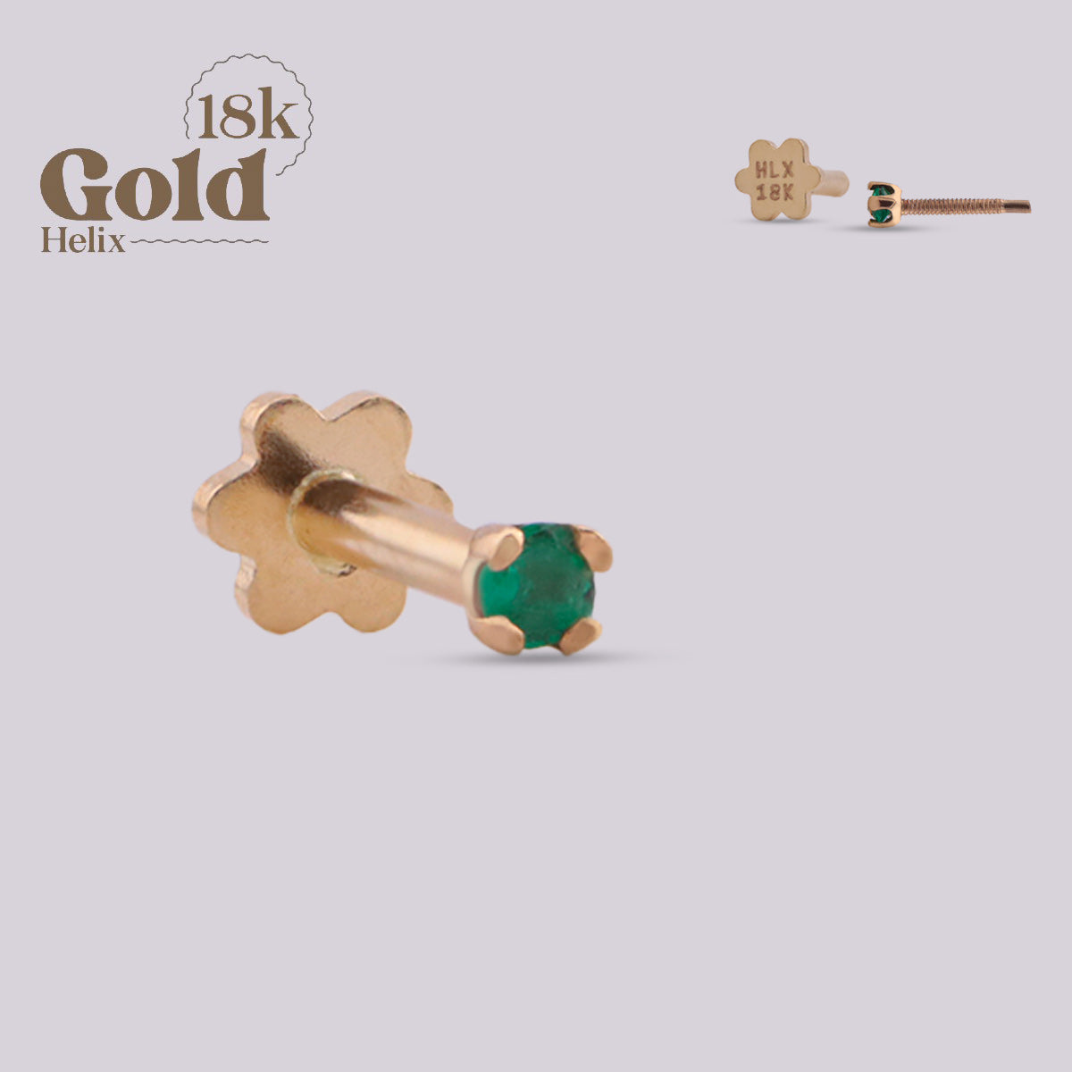 Labret Esmeralda Colombiana 1.5 mm en Oro Sólido 18K