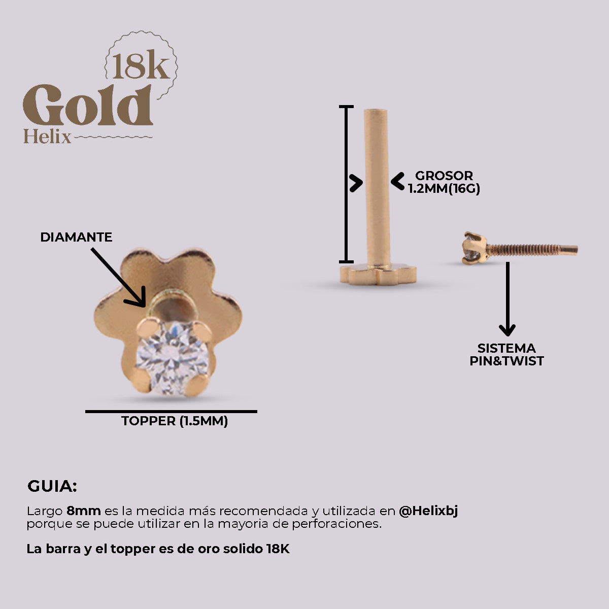 Labret en Oro 18K con Diamante Natural de 1.5 mm