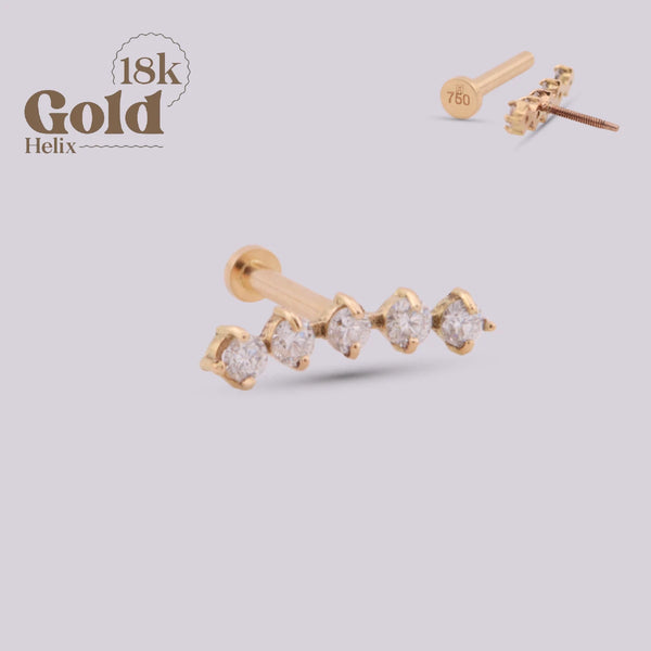 Five Diamond Curve with Threaded Stud Earring |Gold 18K