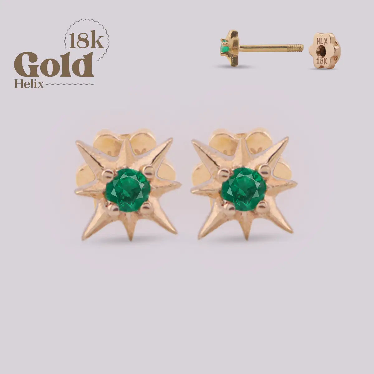 Aretes Estrella de 8 Puntas en Oro 18K con Esmeralda Colombiana
