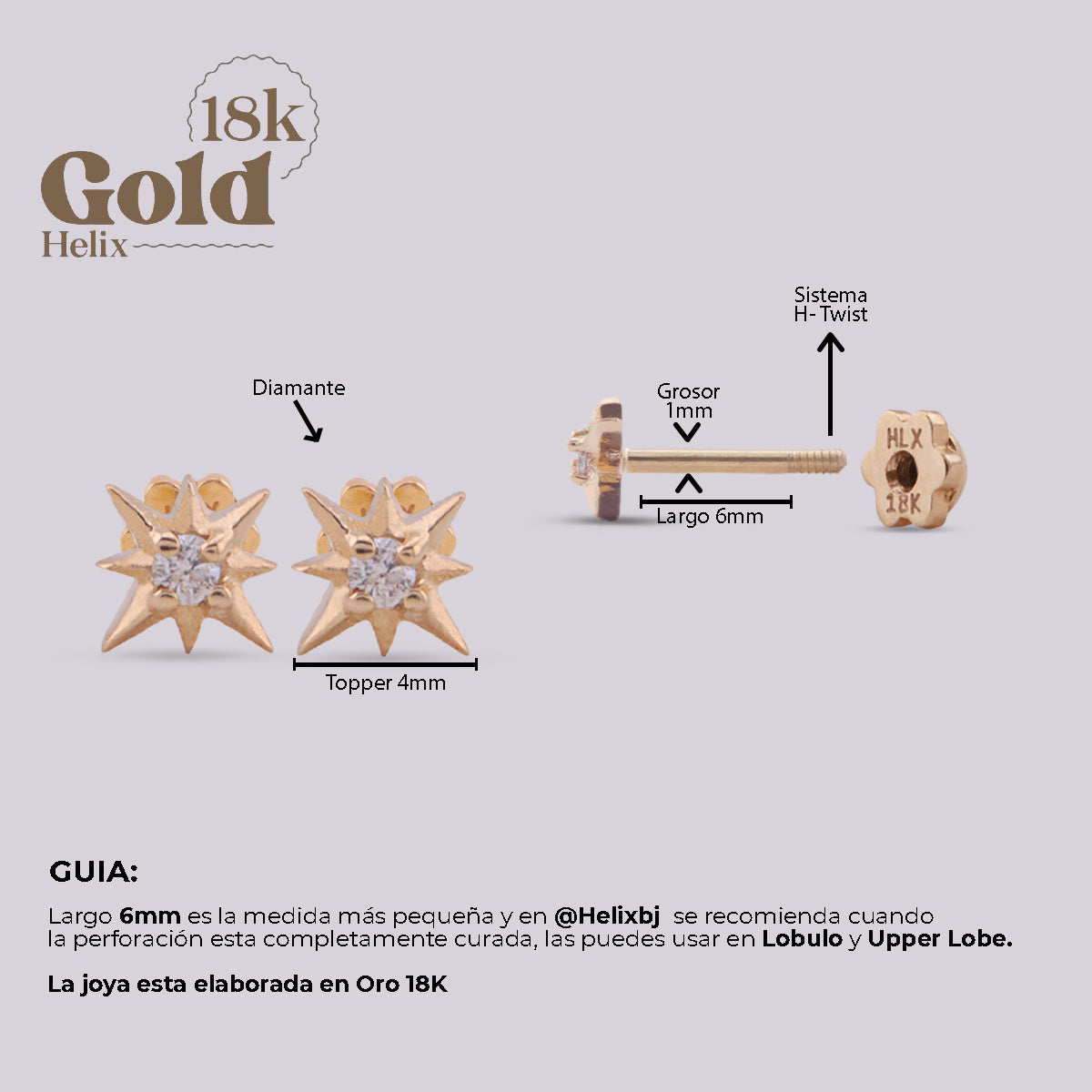 Aretes Estrella de 8 Puntas en Oro 18K con Diamante Natural