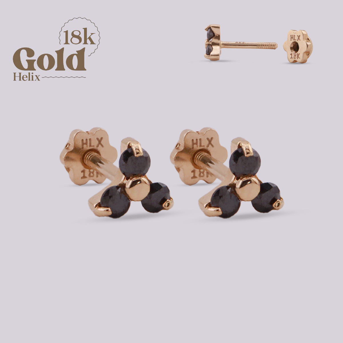 Aretes Topo Oro 18K con Tres Diamantes Negros