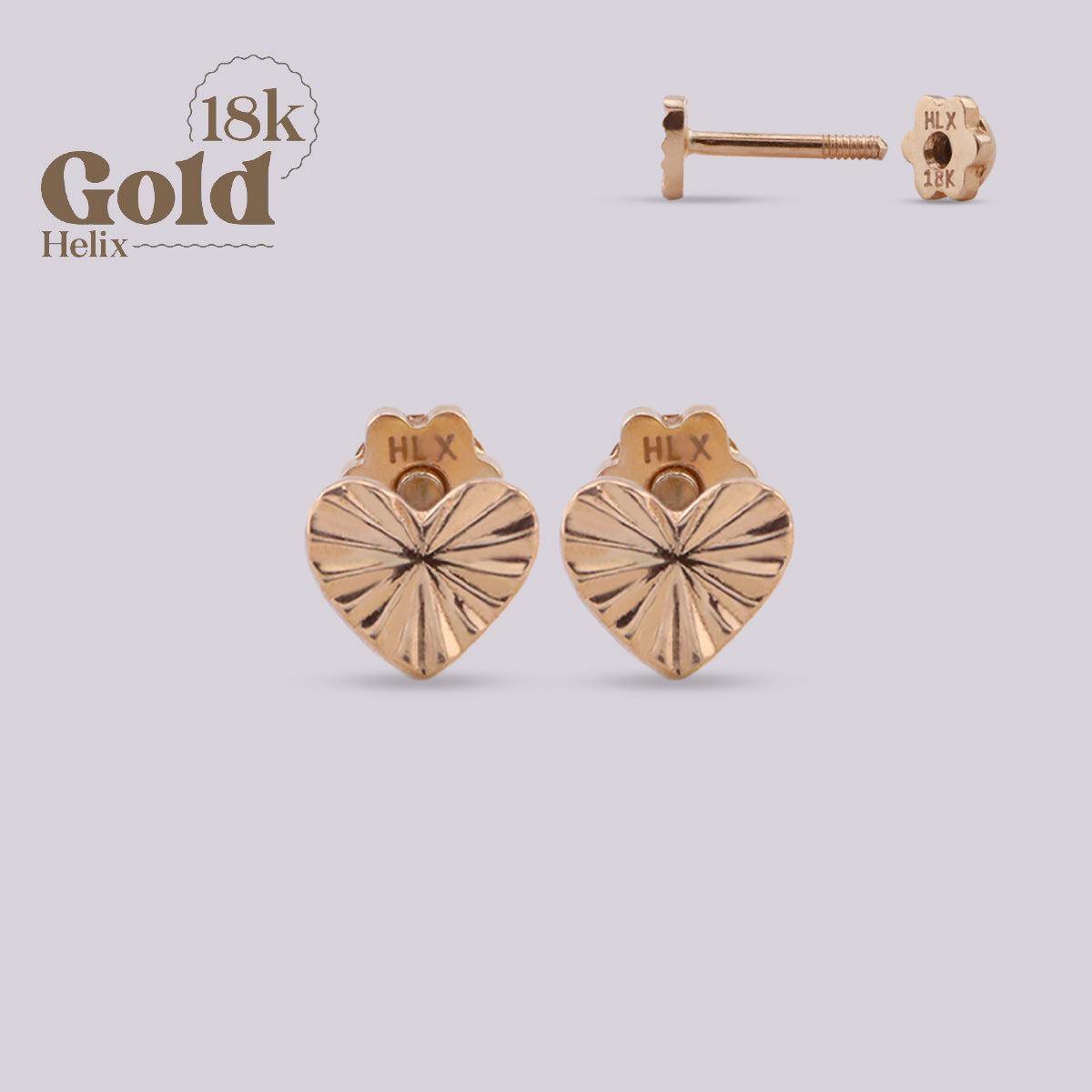 Aretes Topo Corazón Grabado Oro 18K con Rosca Segura