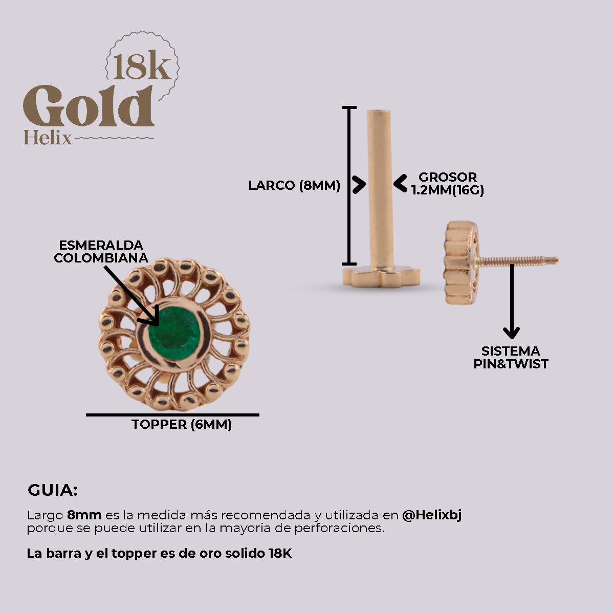 Labret Espiral en Oro 18K con Esmeralda Colombiana