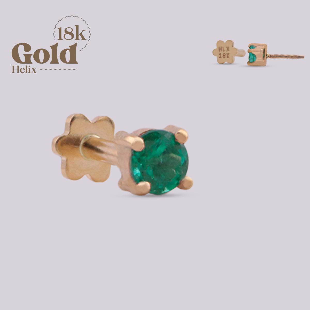 Labret con Esmeralda Colombiana 3 mm en Oro 18K