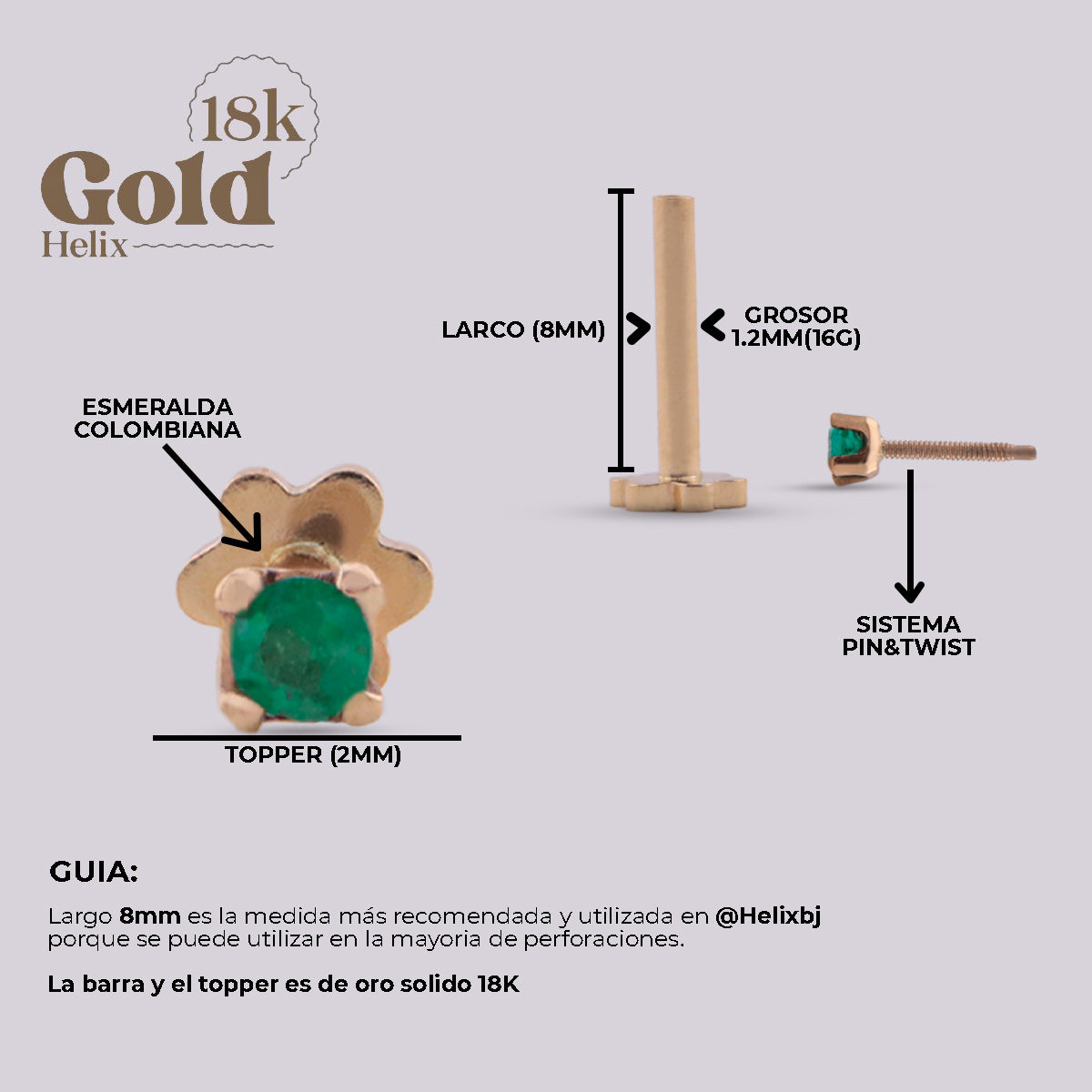 Labret en Oro 18K con Esmeralda Colombiana 2 mm