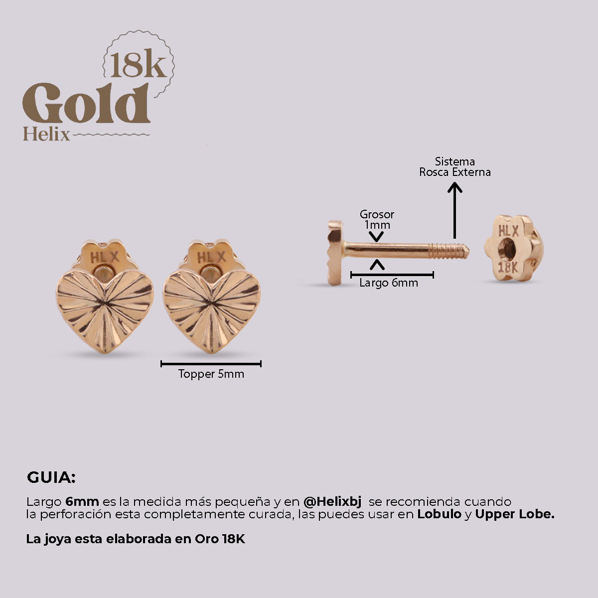 Aretes Topo Corazón Grabado Oro 18K con Rosca Segura