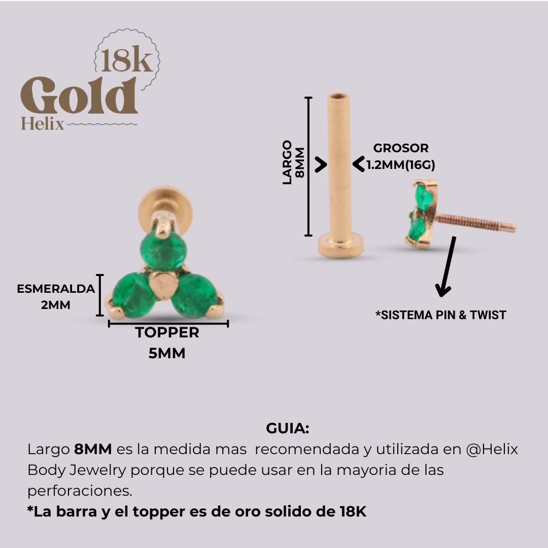 Labret en Oro 18K con Tres Esmeraldas Colombianas