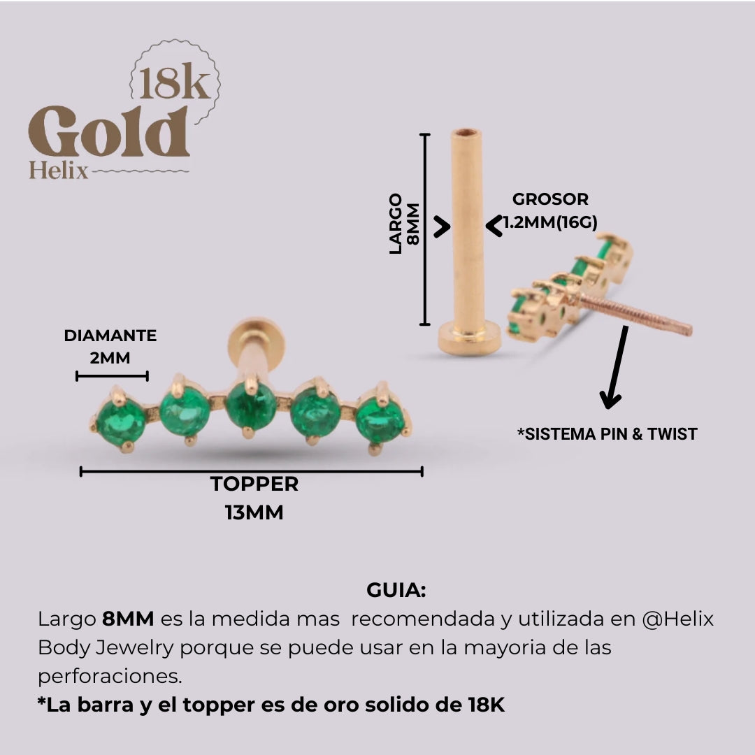 Labret Penta con Esmeraldas Colombianas en Oro 18K