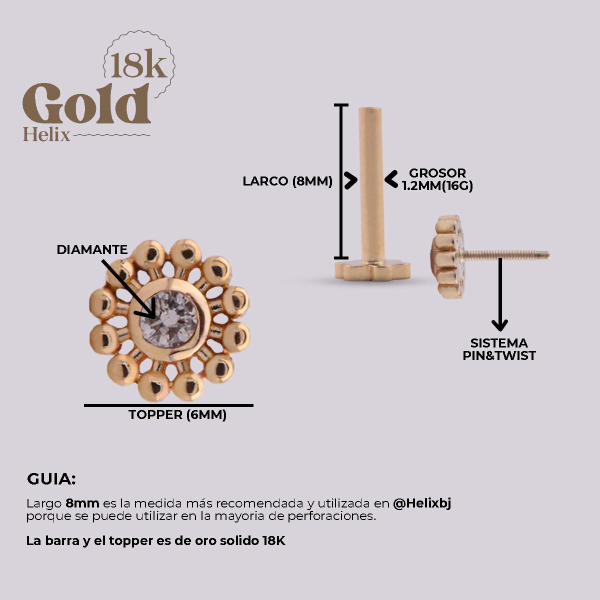 Labret Sol con Diamante en Oro 18K