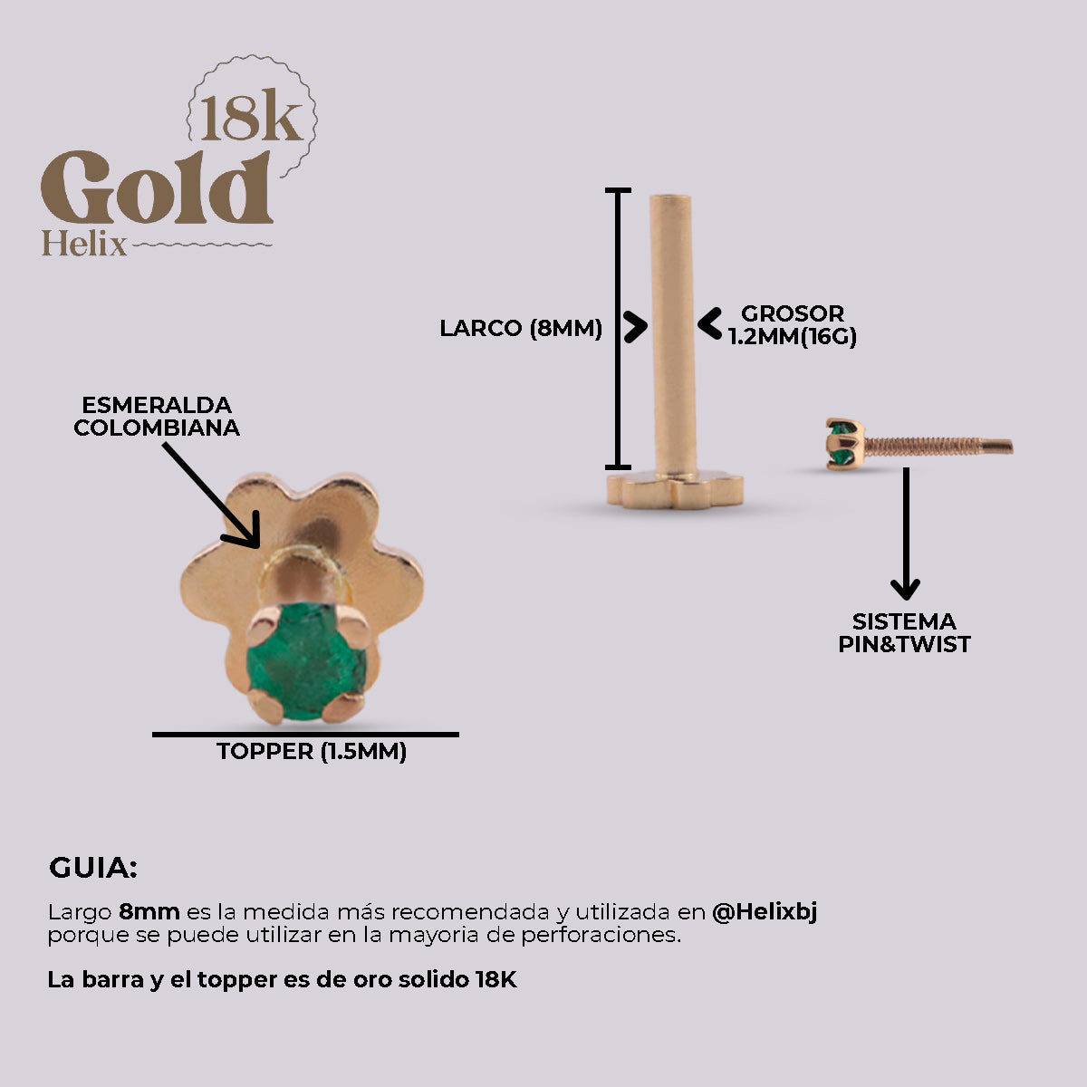 Labret Esmeralda Colombiana 1.5 mm en Oro Sólido 18K