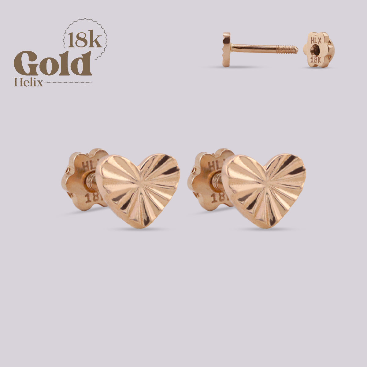 Aretes Topo Corazón Grabado Oro 18K con Rosca Segura
