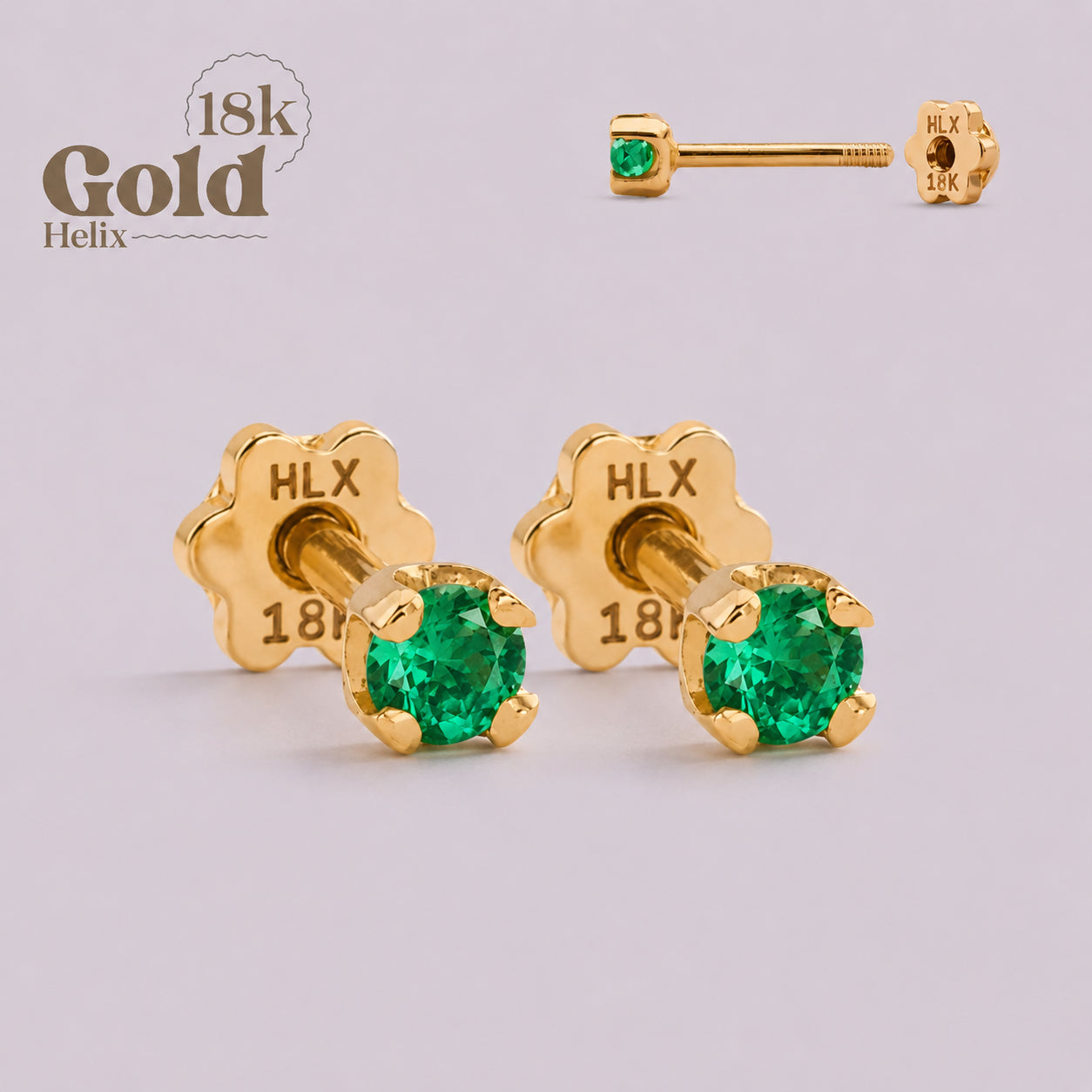H Helix Earrings with Colombian Emerald in 18K Solid Gold