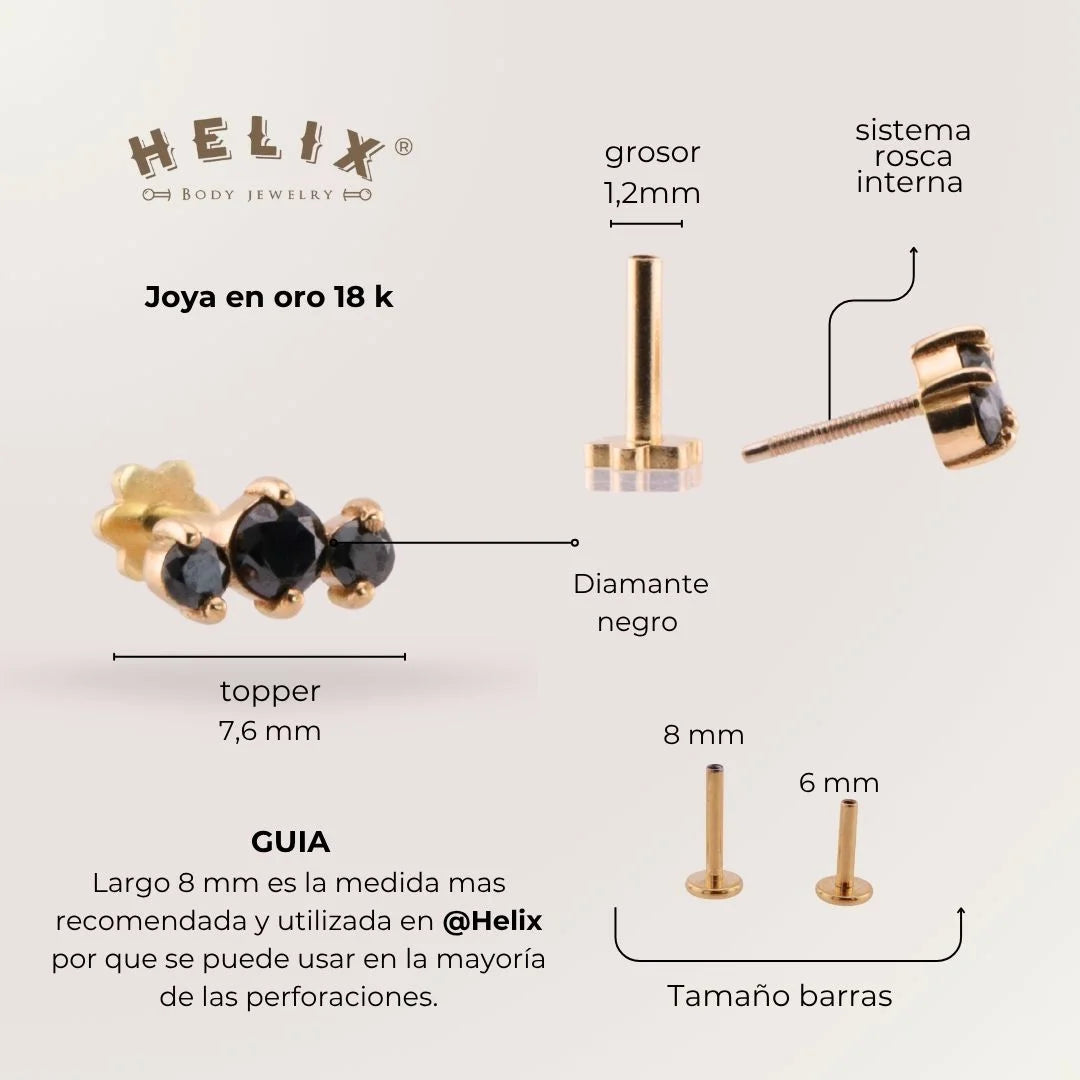 Labret Trío de Diamantes Negros en Oro 18K
