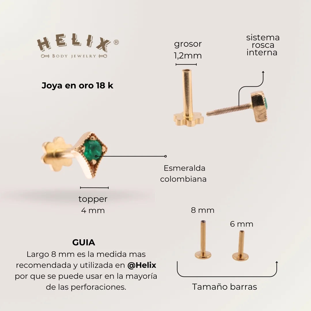 Labret Triángulo con Esmeralda Colombiana en Oro 18K