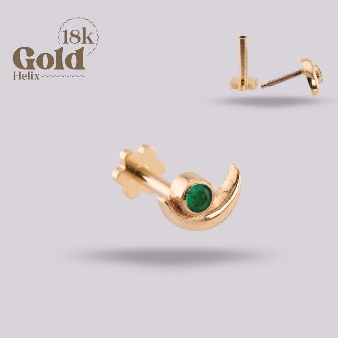 Crescent Moon Labret with Colombian Emerald in 18K Solid Gold