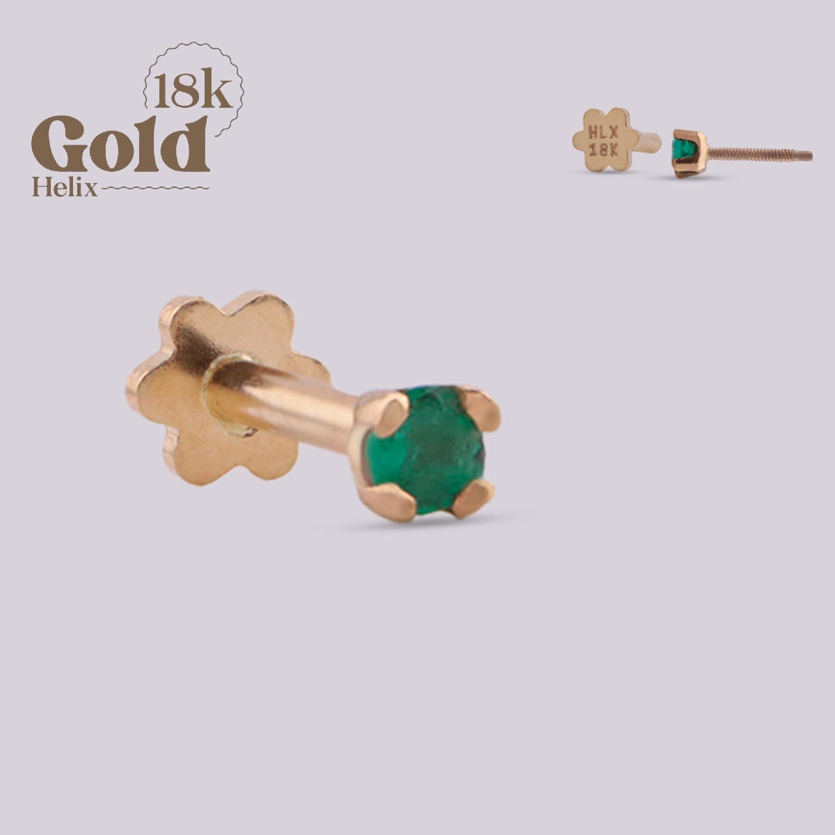 Labret en Oro 18K con Esmeralda Colombiana 2 mm